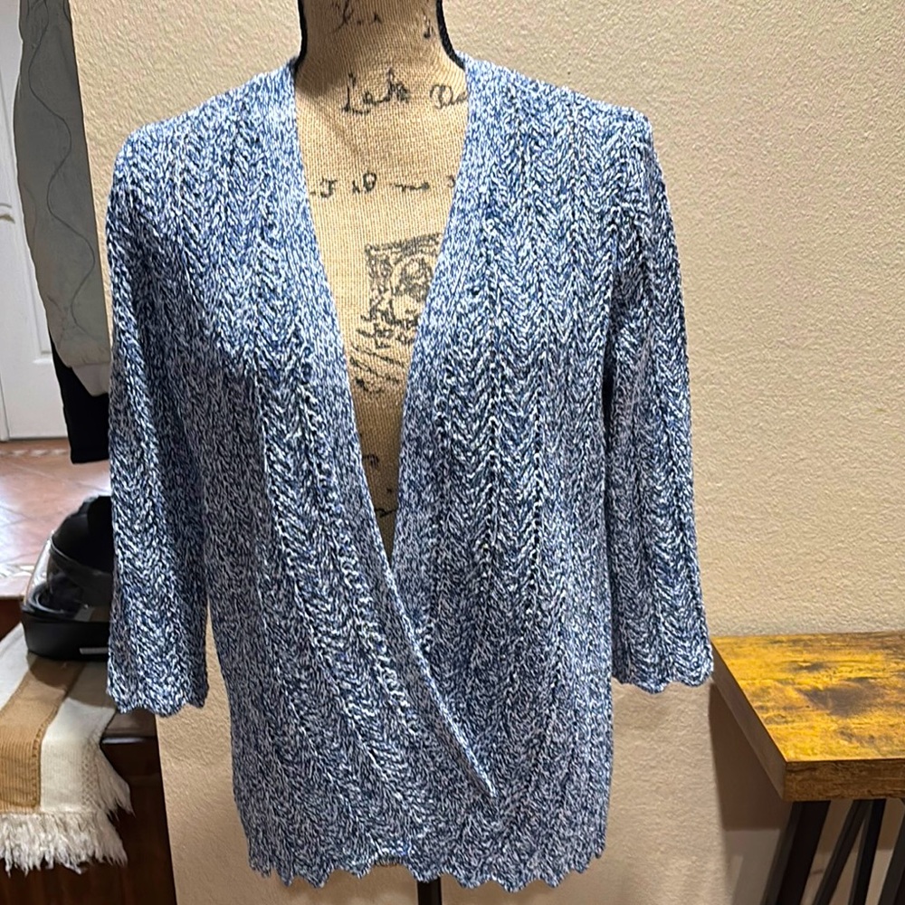 Chico's Womens Cardigan Metallic Blue Crochet Open Front Scallop Hem